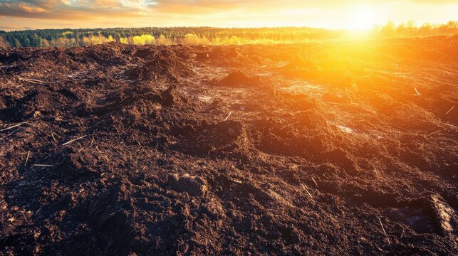 Unearthed contaminated soil with scattered debris under bright sunlight