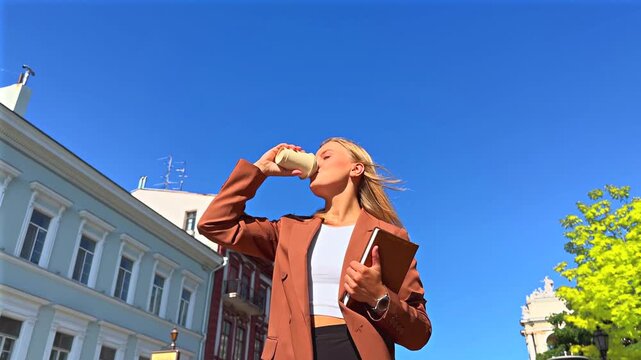 Businesswoman sips coffee outdoors. Concept of confidence and entrepreneurial spirit. Bright sky complements vibrant city life. Empowerment and equality in action