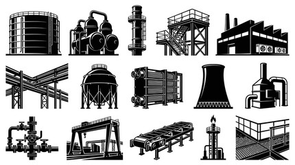 Obraz premium Industrial Plant Equipment Icons Set - Black and White Line Art for Manufacturing, Energy Oil Gas Industry