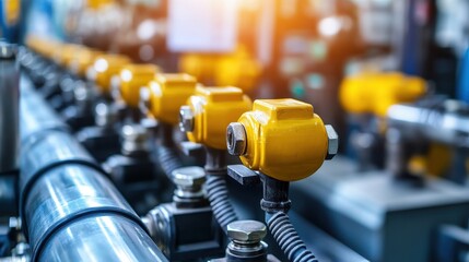 Fototapeta premium Row of yellow industrial machinery components with detailed textures and soft light
