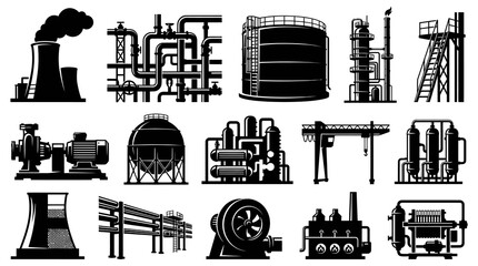 Obraz premium Industrial Equipment Silhouettes: Plant, Pipes, Tanks, Crane, Pump, Tower