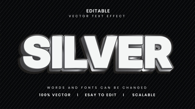 Silver editable 3D text effect with metallic typography on dark striped background vector template