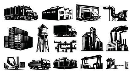 Fototapeta premium Industrial Logistics Manufacturing and Transportation Black White Glyph Vector Icons Set