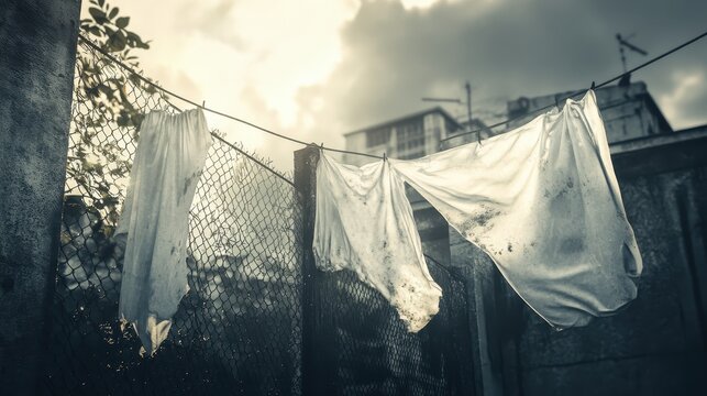 Torn clothing on a fence in an urban setting, highlighting social issues of poverty and decay