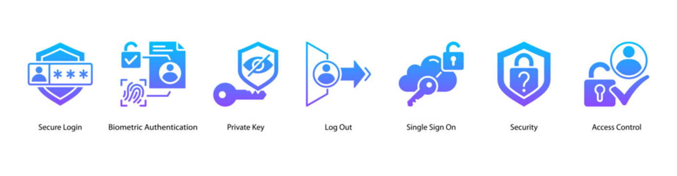 Secure Entry web banner icon vector illustration featuring Secure Login, Biometric Authentication, Private Key, Log Out, Single Sign On, Security, and Access Control.
