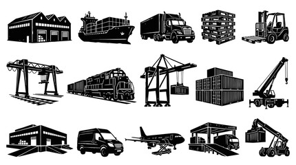 Obraz premium Engraved Black and White Logistics and Transportation Vector Icons Set - Freight, Cargo, Shipping Elements