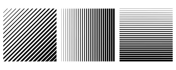 Abstract black and white striped patterns with varying line orientations and densities creating optical effects and visual depth for design backgrounds © oky