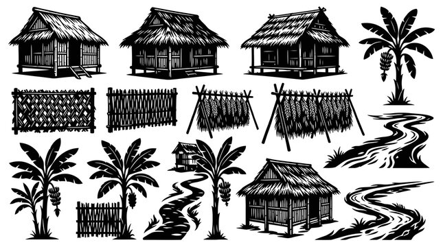 Black  White Line Art Vector Set: Traditional Rural Life, Tropical Huts, Fences, Banana Trees, Drying Racks