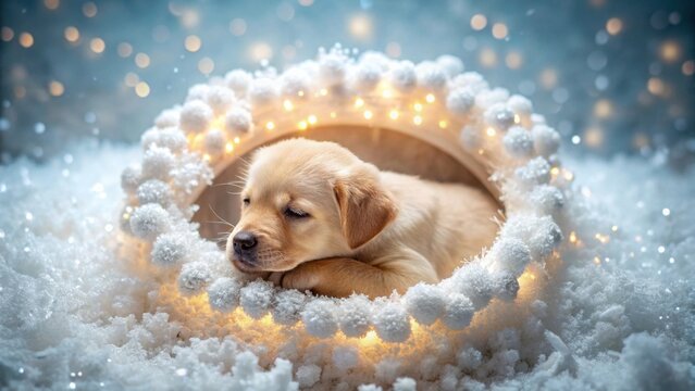 A Sweet Puppy's Winter Slumber in a Festive Snow-Covered Nest with Warm Lights