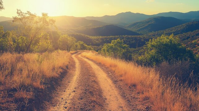 Winding dirt road through rolling hills under golden sunlight, showcasing breathtaking mountain vistas