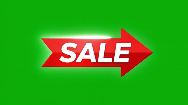 Red sale arrow animation sliding in with glowing neon outline and lens flare effect on a green screen chroma key