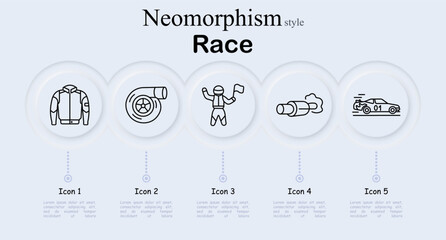 Racing motorsport set icon. Driver suit uniform, turbo engine turbine, winner racer flag, exhaust pipe smoke, sport car speed, automotive competition, track championship. © Anastasia