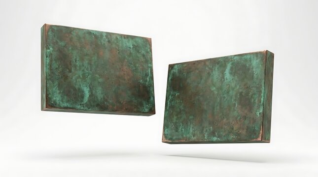 Two weathered rectangular copper panels with green oxidation patina showing rustic metal textures for industrial design