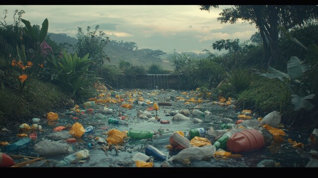 Polluted rural river choked with plastic waste and debris under an overcast sky.