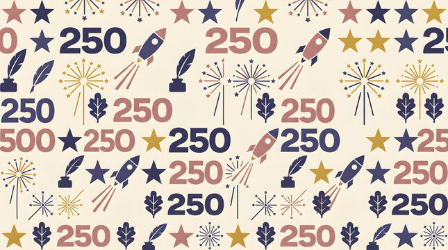 A seamless vector pattern celebrating the 250th anniversary of the United States. A background design for the bicentennial celebration featuring rockets, stars, and feathers. AI generated.