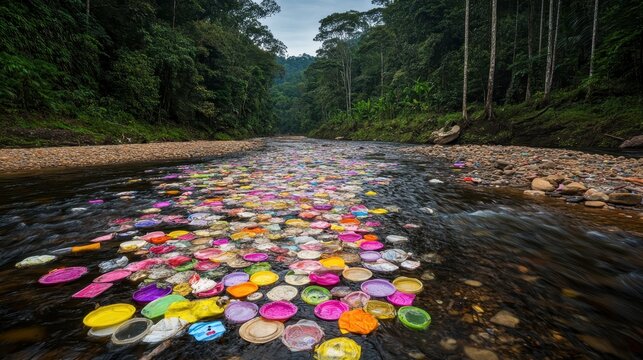 Vibrant plastic waste floats downstream in a lush forest river, highlighting environmental pollution