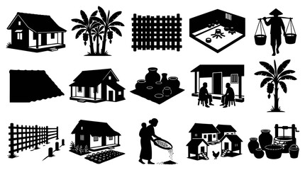 Naklejka premium Black White Glyphs of Rural Village Life: Houses, People, Farming, Pottery