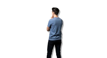 Young man in blue shirt standing alone thinking deeply with hand on chin