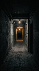 Obraz premium Narrow corridor with ceiling lamp and misty air. Halloween haunted hallway concept.