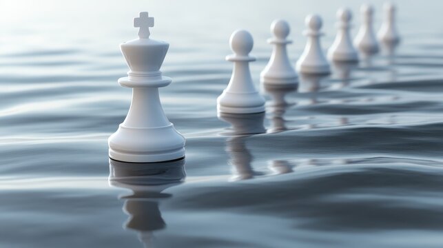 White Chess King Leading Pawns in Strategic Formation on Water Surface