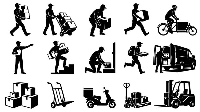 Delivery Service Icons: Logistics, Shipping, Transportation, Courier, Freight, Movers, Black  White Vector Art