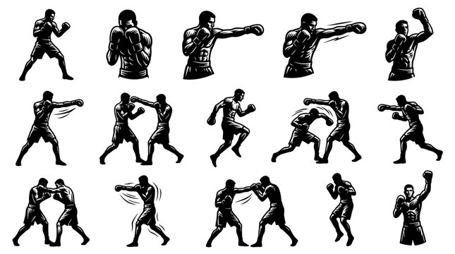 Black and White Vector Boxing Poses, Fighter Action and Training Illustrations