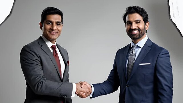 Two businessmen are seen engaging in a handshake, symbolizing partnership and agreement. Both individuals are dressed in formal suits, set against a neutral backdrop which highlights their