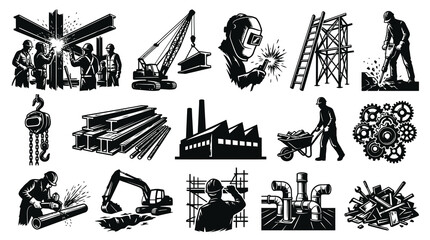Naklejka premium Industrial and Construction Black and White Vector Icons Set: Workers, Tools, Machinery Factory Elements