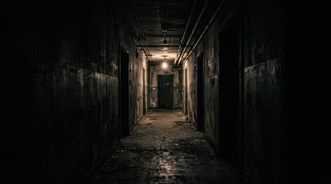 Dark abandoned corridor with single light. Halloween concept.