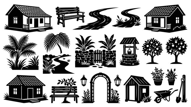 Black and white vector icons of garden elements and houses for microstock