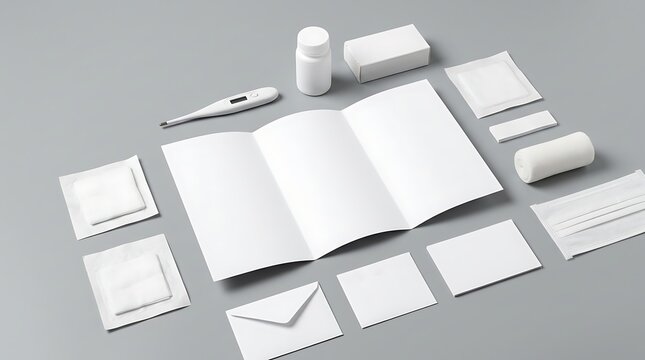 Medical brochure mockup with blank pharmacy supplies thermometer pill bottle bandage and patches for healthcare branding identity