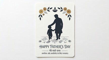 Fototapeta premium Happy Father and Child Silhouette Holding Hands Celebrating Father's Day with Floral Border