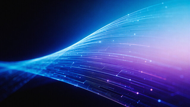 Abstract futuristic technology background with glowing white wavy data lines and light particles flowing over a vibrant blue and purple neon gradient