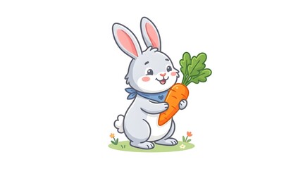Obraz premium Adorable bunny rabbit holding a fresh carrot in flat vector style. Cute animal character with pastel colors, perfect for children’s books, nursery decor, stickers, mascot, and educational content.
