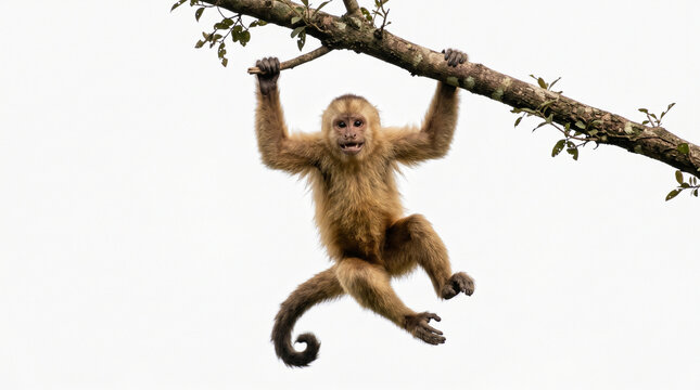 A monkey hanging from a tree branch with a white background
