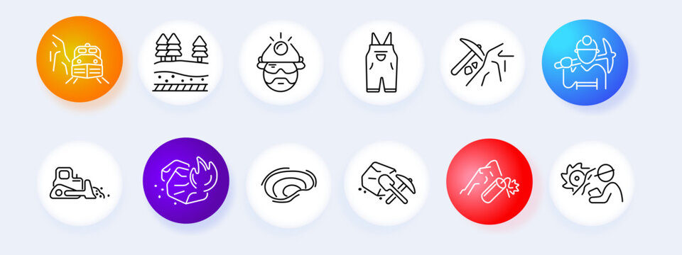 Mining work set icon. Train trees helmet overalls pickaxe worker bulldozer rock fire tunnel dynamite gear line icons minimal outline style industrial labor objects collection.