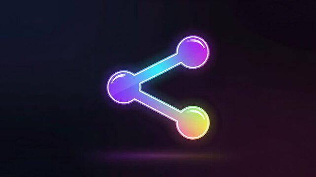 Glowing neon share icon animating with vibrant gradient lines and reflections on a dark background