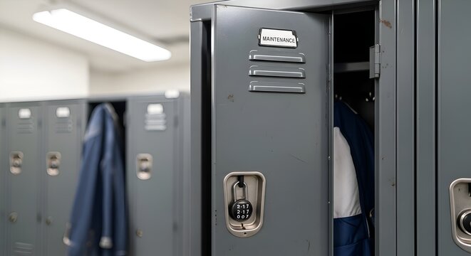 School lockers with open door and hanging garments, education concept