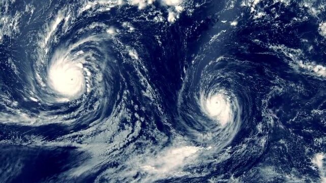 Satellite view of two massive hurricanes swirling over the ocean. Extreme weather system with twin cyclones, white cloud vortexes, and deep sea surface seen from space.