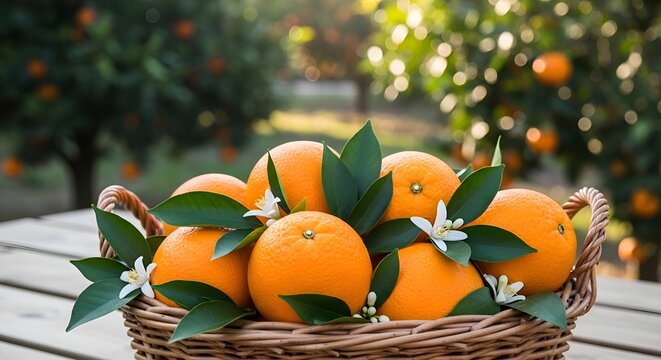 Fresh Oranges in woven basket on wooden table, citrus grove background.