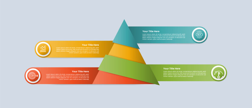 Pyramid base shape infographic with glossy gradient style with sharp edge ribbon layering with round rectangle box container opposite direction with four segment information