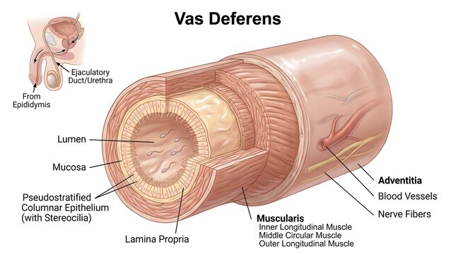 Vas Deferens Wall Structure: 3‑D Cutaway of the Sperm Duct Segment Showing Central Lumen, Pseudostratified Columnar Epithelium with Stereocilia, Lamina Propria, Thick Triple Muscularis Coats and Adven