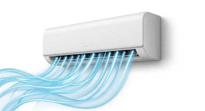 Air Conditioning - White Wall Mounted Mini Split AC Unit Blowing Cool Blue Air Flow on White Background