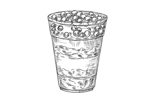Hand-drawn vintage sketch of layered boba tea dessert in a plastic cup, iced bubble milk tea or parfait vector illustration isolated on white background - 1