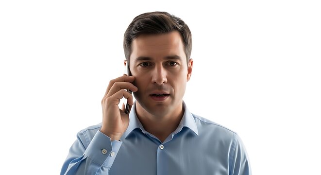 Man in blue shirt talking on mobile phone with a concerned expression on his face