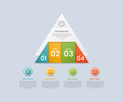 Pyramid base shape infographic with glossy gradient style with big arrow and horizontal layering part with circle badge on bottom with four segment information