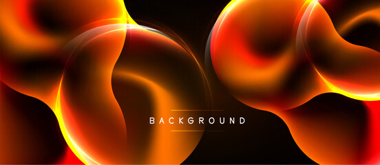 Naklejka premium Abstract orange, red glows form flowing shapes. Dark background emphasizes bright curves, creating dynamic visual effect. Text reads background.