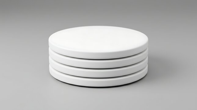 Stack of four blank round ceramic coasters mockup for home decor branding presentation, kitchenware layout template