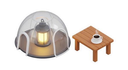 Fototapeta premium Camping - Transparent Dome Tent with Glowing Lantern and Wooden Table with Steaming Coffee Cup Isometric 3D