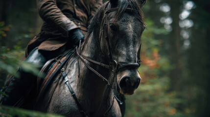 Fototapeta premium Man riding horse forest close up front view